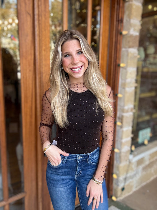 Mesh Bead and Pearl Embellished Long Sleeve