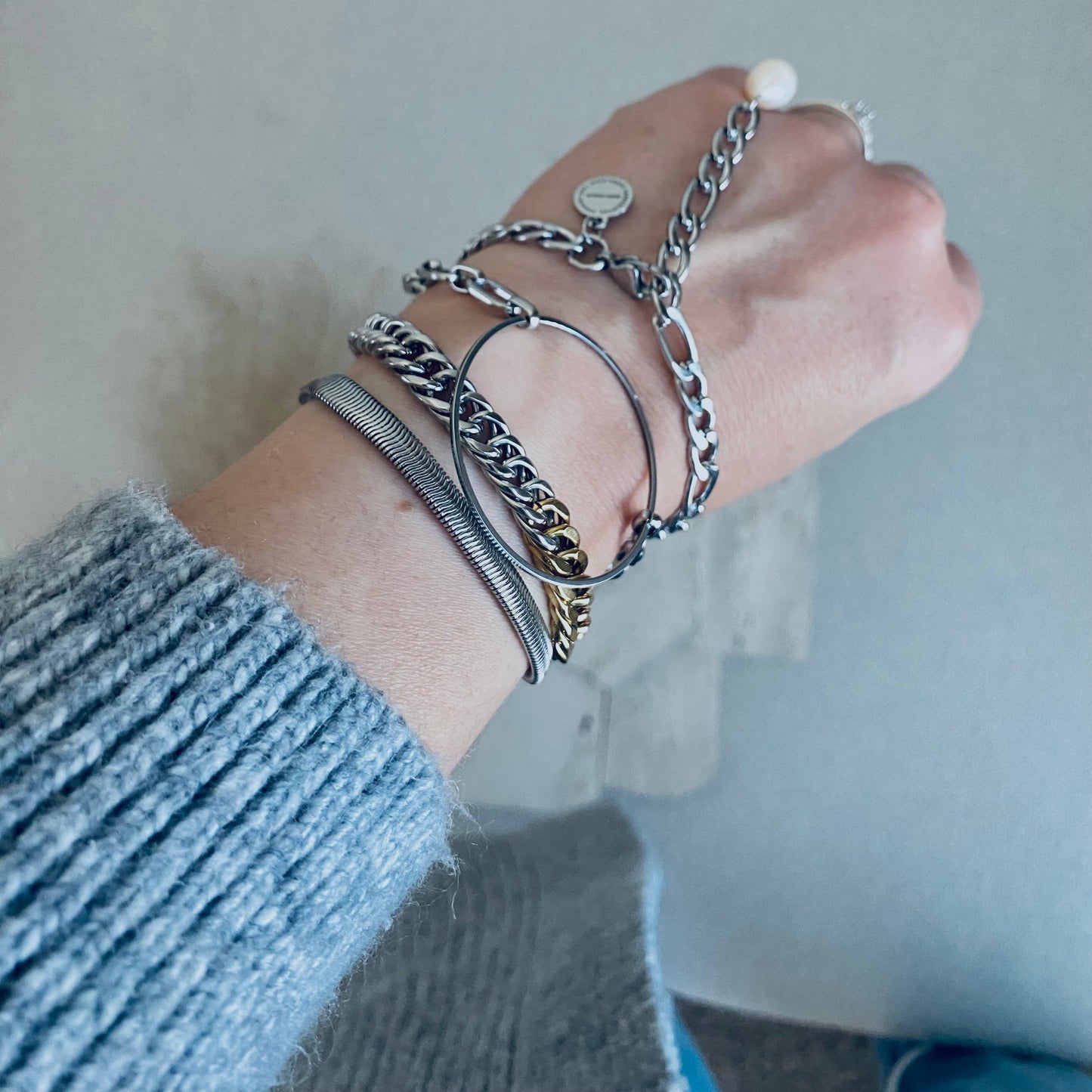 Bracelet - Silver Figaro Pearl Chain Link