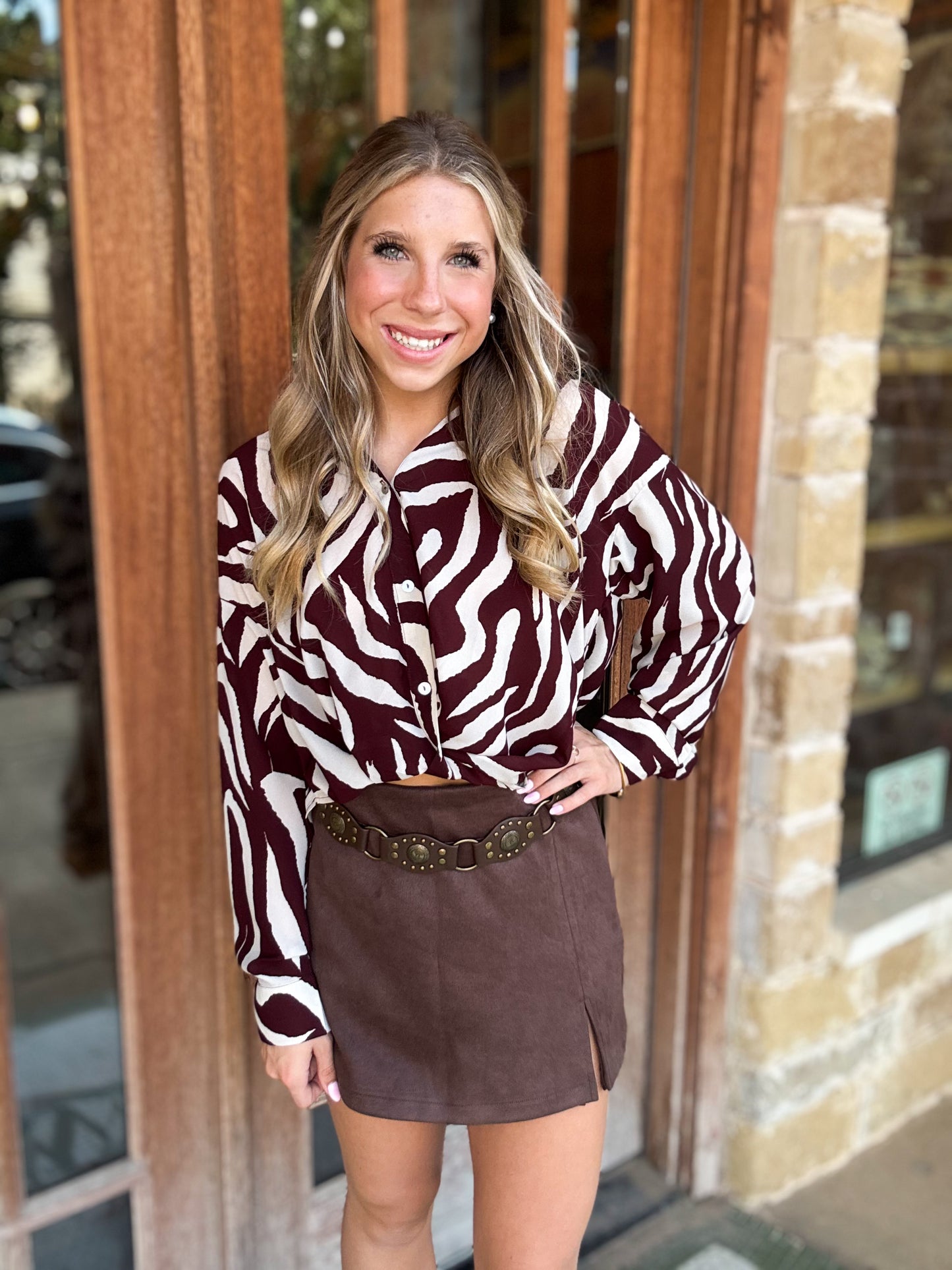 Tops | Blouse Geometric Brown Long Sleeve