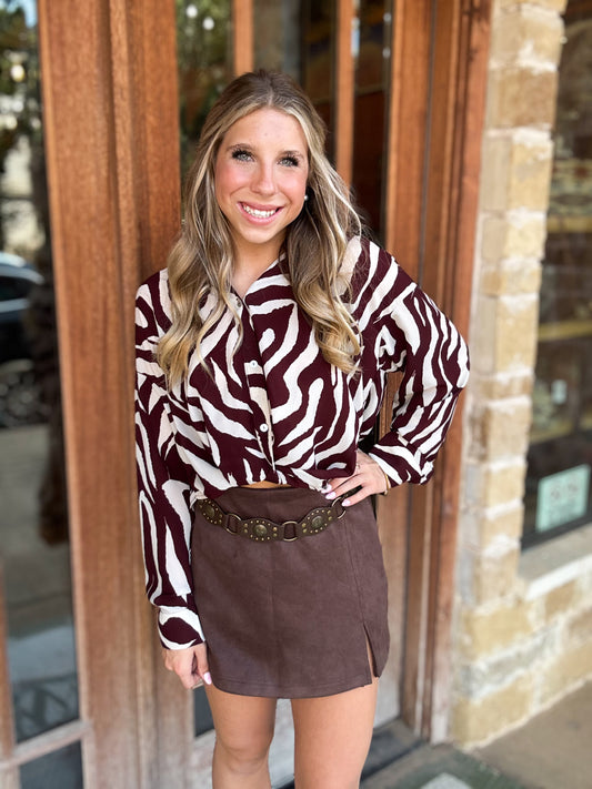 Tops | Blouse Geometric Brown Long Sleeve