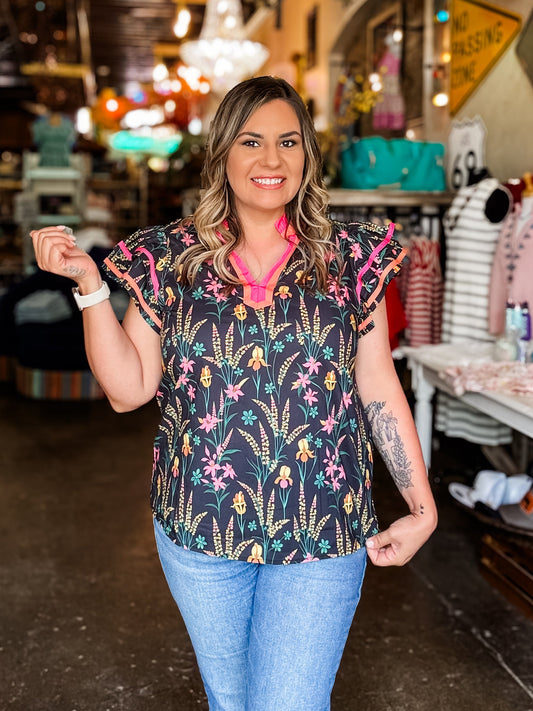 Navy Garden Flutter Sleeve Blouse