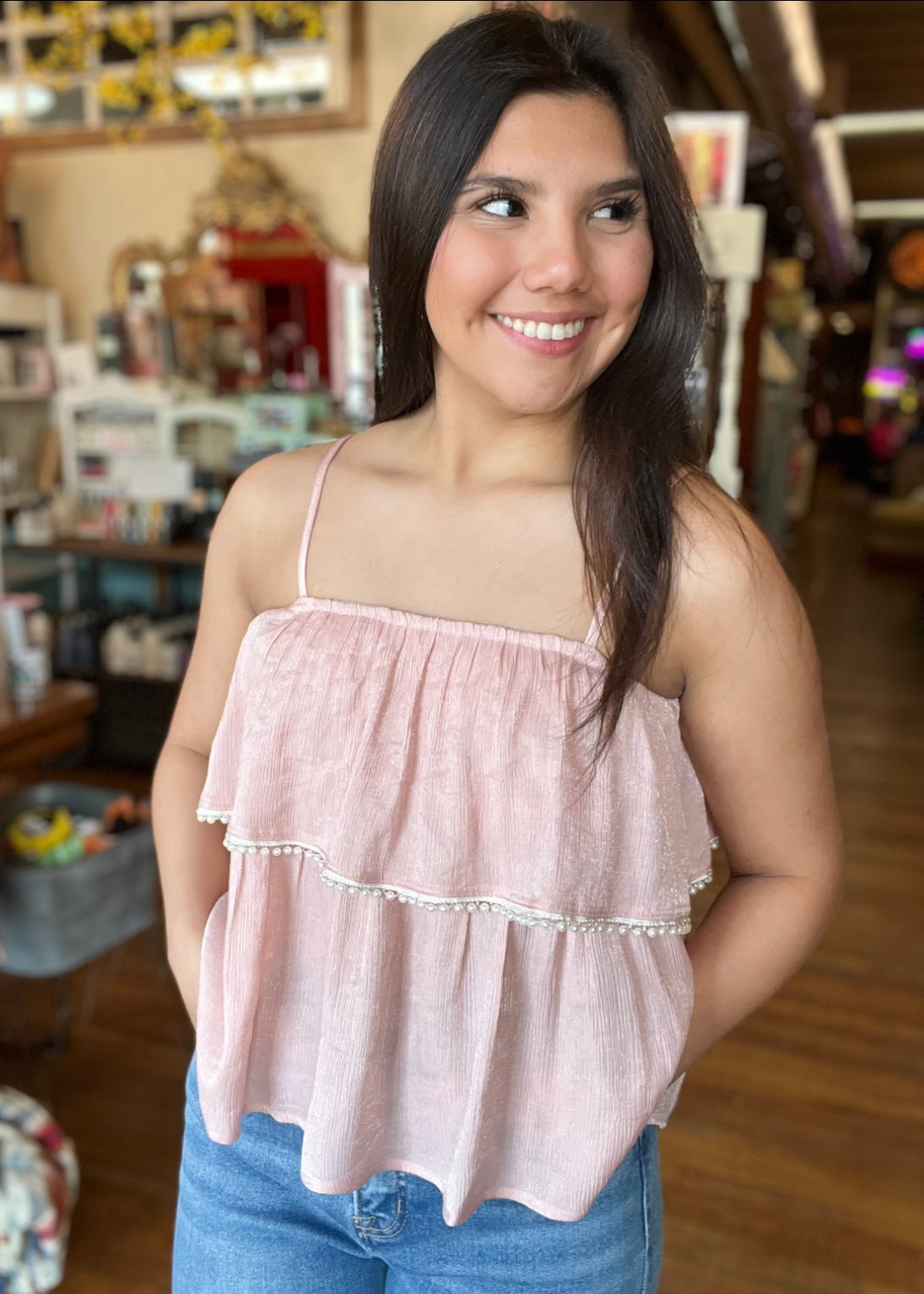 Tops | Pink Shimmer Tiered Ruffled Top with Pearl Details