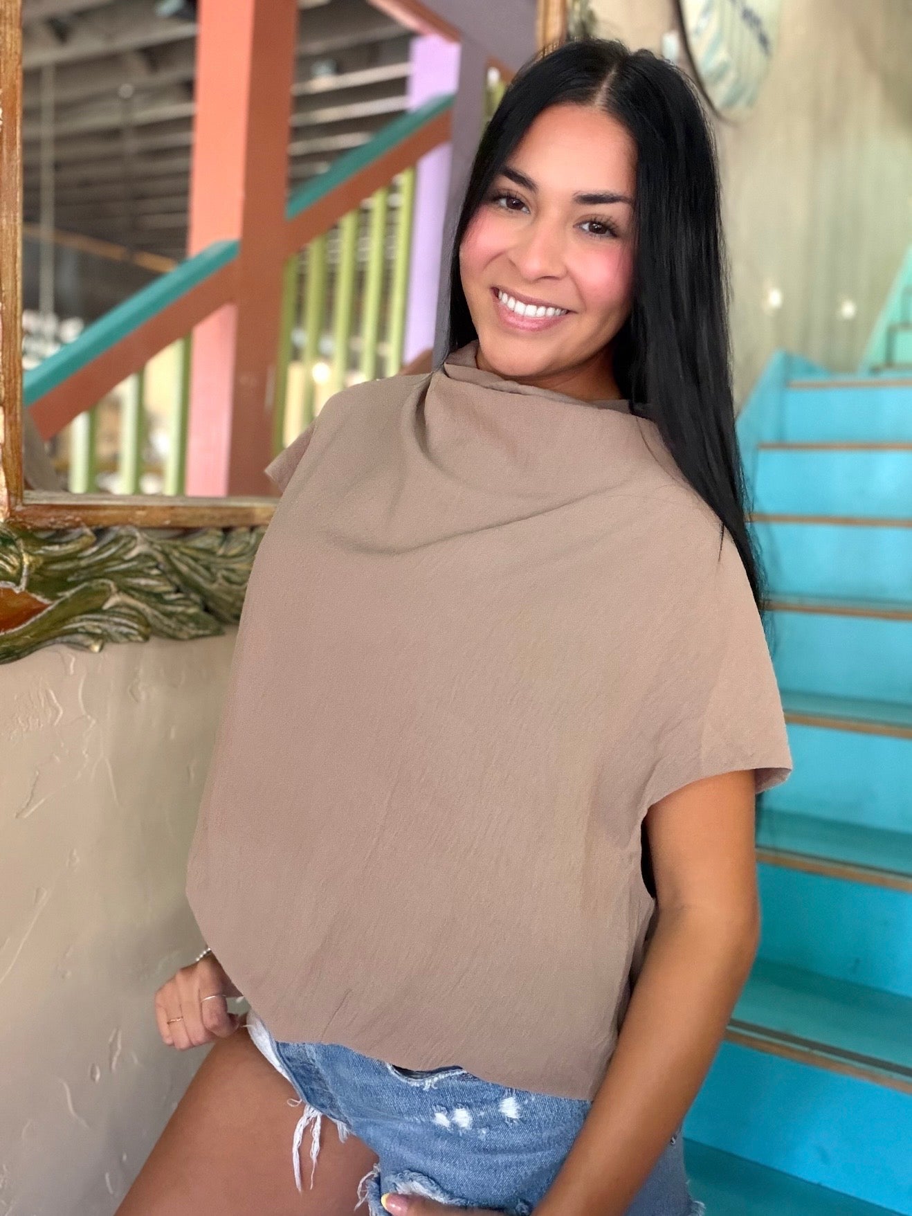 Blouse - Latte Draped Mock Neck
