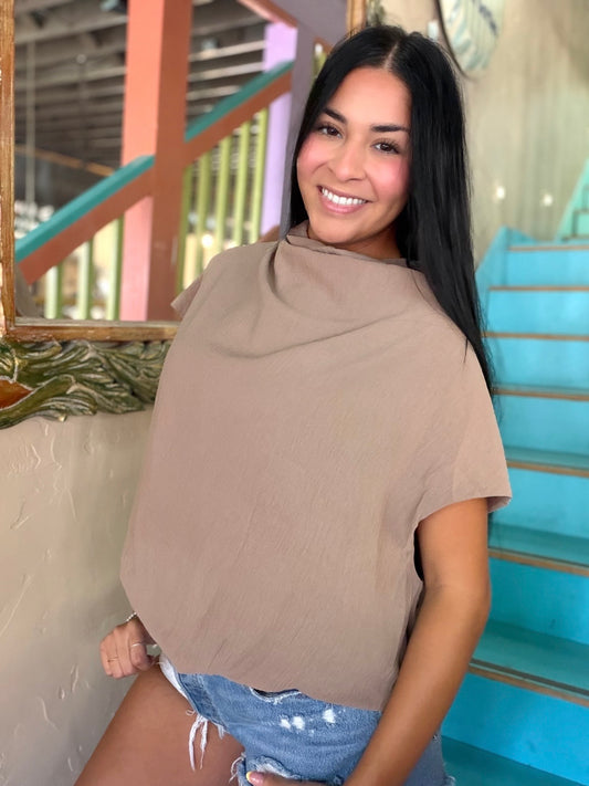 Blouse - Latte Draped Mock Neck