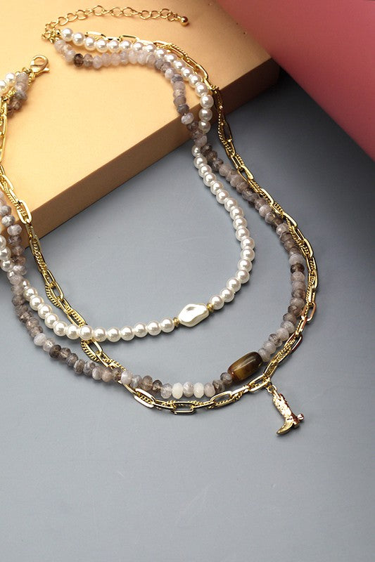 Pearl Bead Cowgirl Boot Layered Necklace