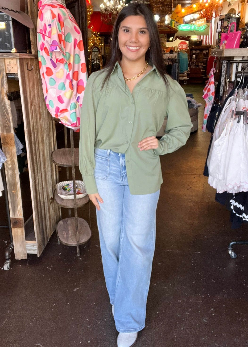 Tops | Green Collared Button Up Long Sleeve Top