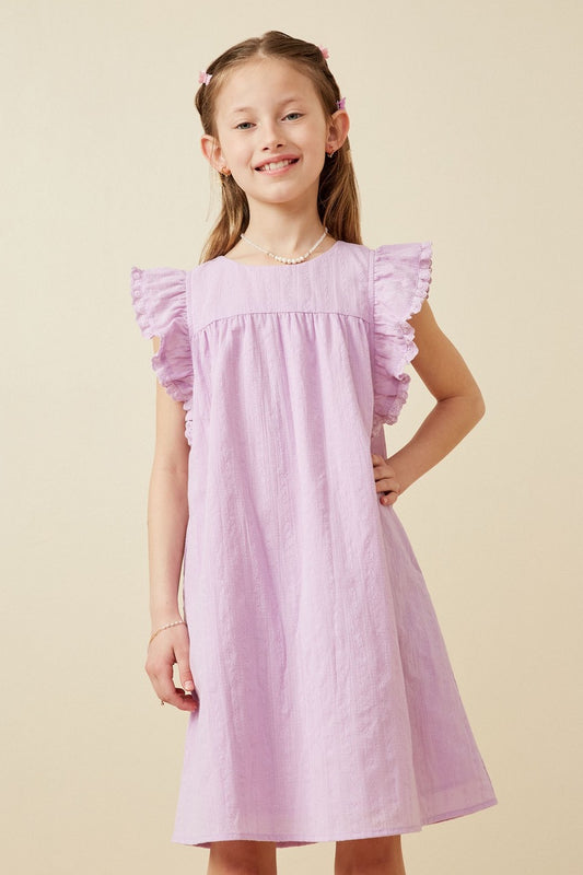 Girls | Lavender Textured Lace Trim Ruffle Sleeve Dress