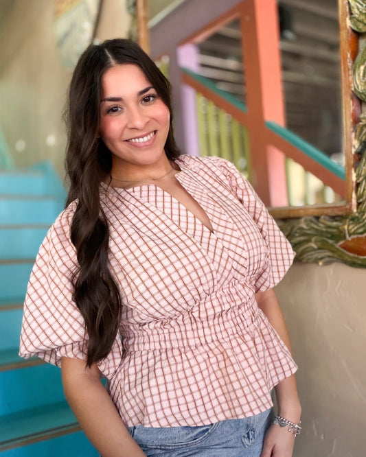Blush Checkered Puff Sleeve Blouse