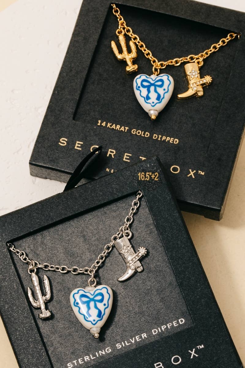 Gold Dipped Ceramic Bow Heart Western Charms Chain Necklace