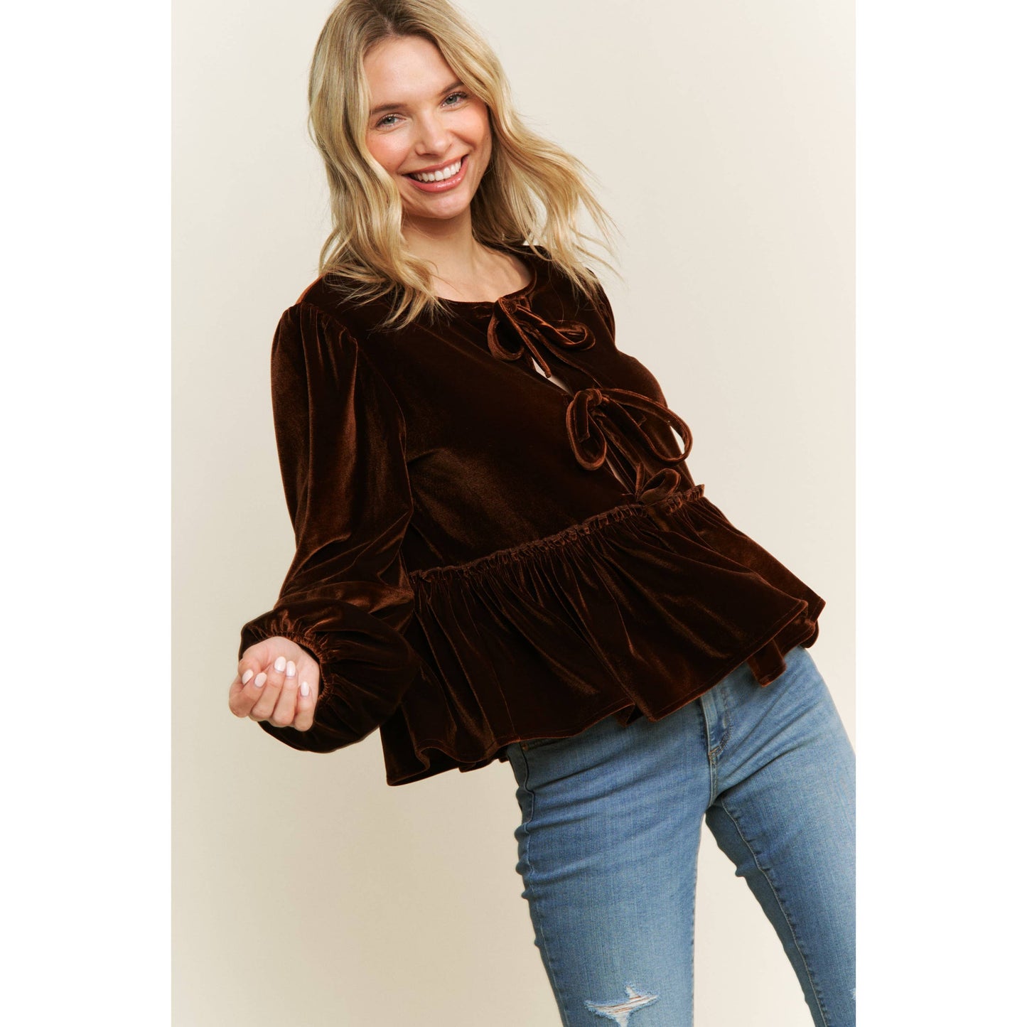 Tops | Blouse Velvet Open Front Babydoll W/Bow Detail