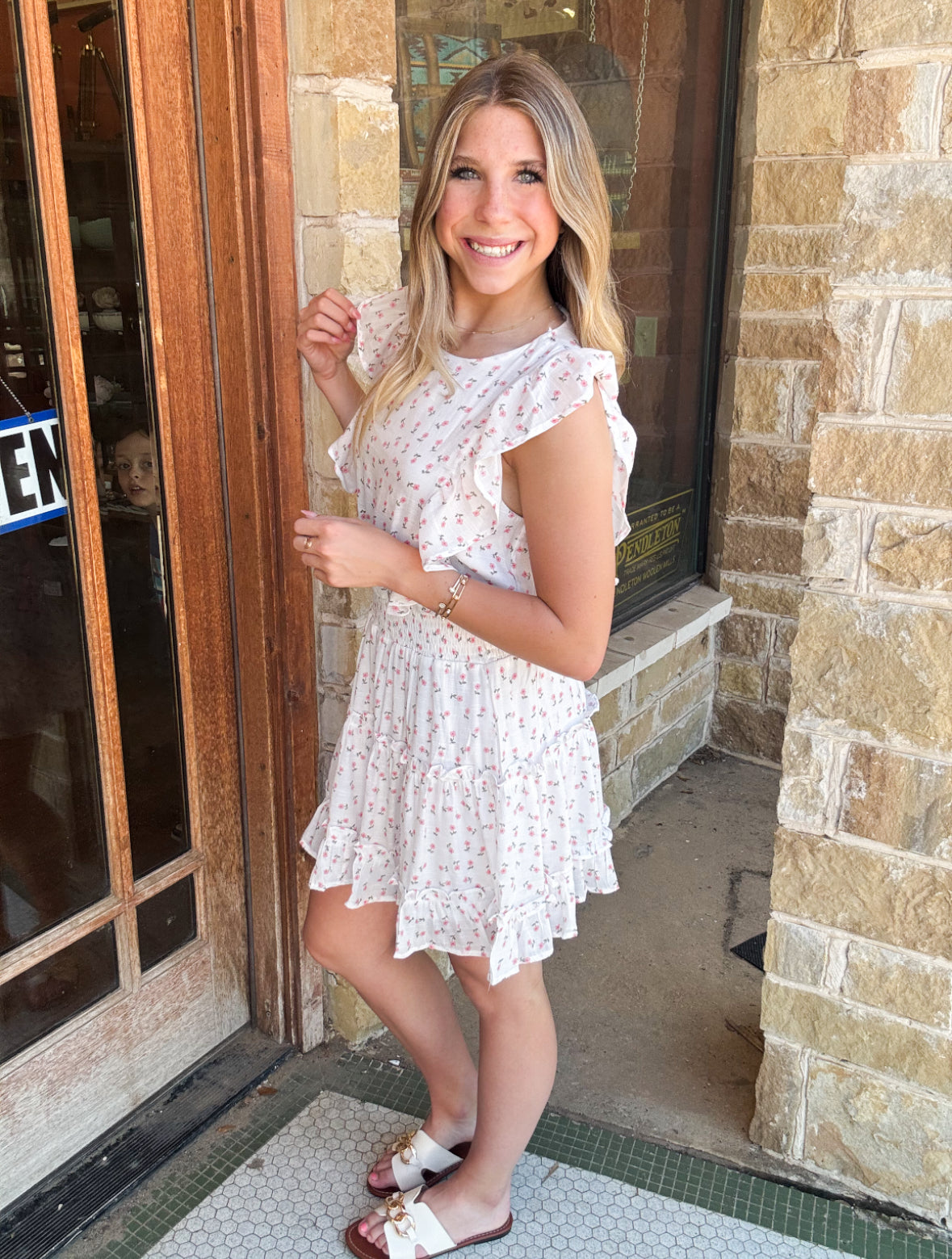 White Ditsy Floral Print Ruffle MIni Dress