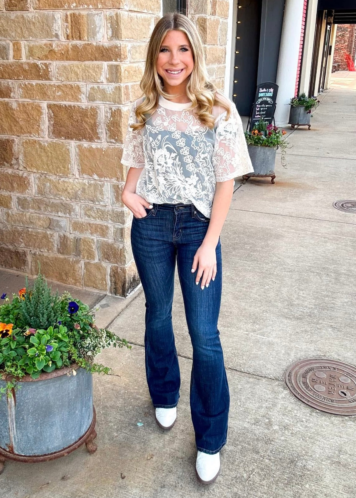 Top | Ivory Floral Mesh Top