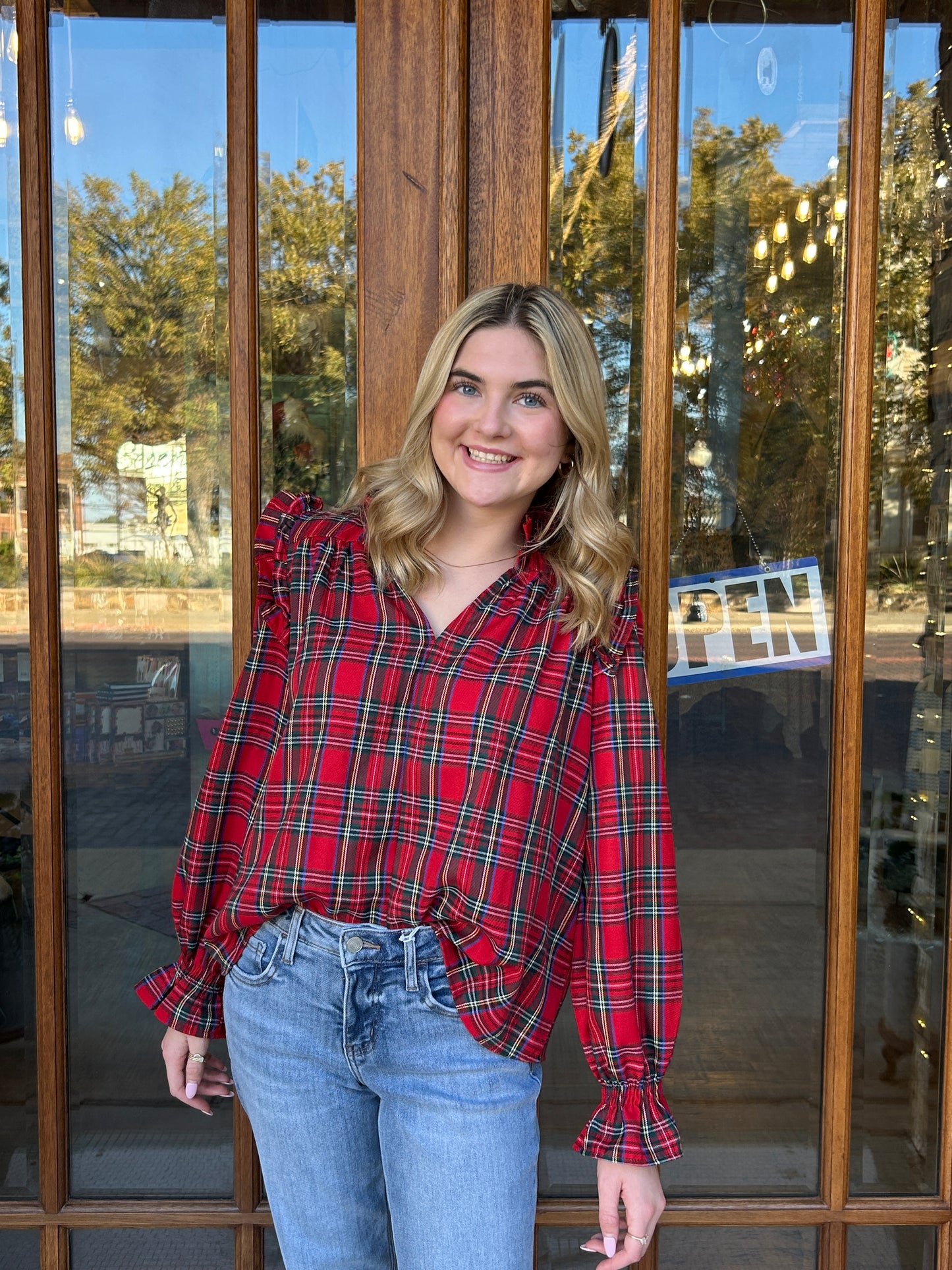 Christmas Checkered Plaid Smocked Top