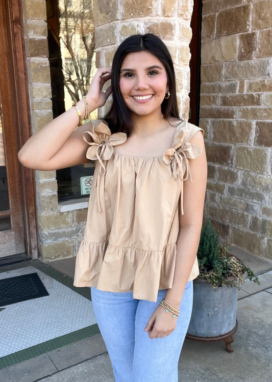 Top | Mocha Floral Bow Accent Sleeveless Tank Top