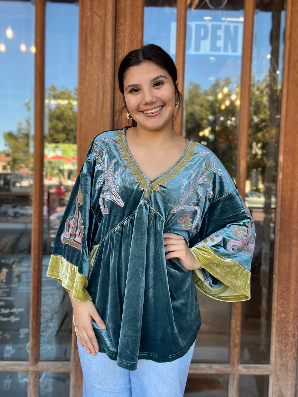 Top | Blouse Embroidered Detailed Velvet Teal Blue V Neck 3/4 Sleeve