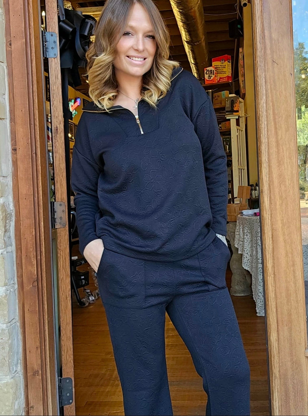 Set - Black Floral Quarter Zip & Pants