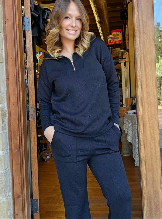 Set - Black Floral Quarter Zip & Pants