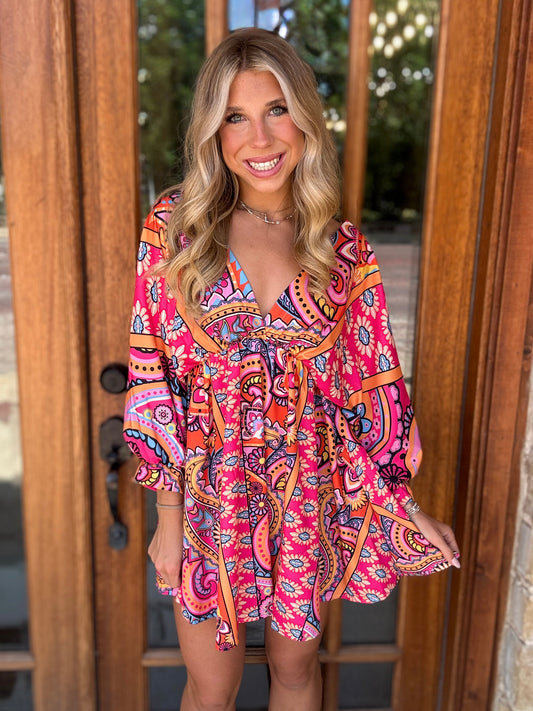 Dress - V-Neck Belted Print