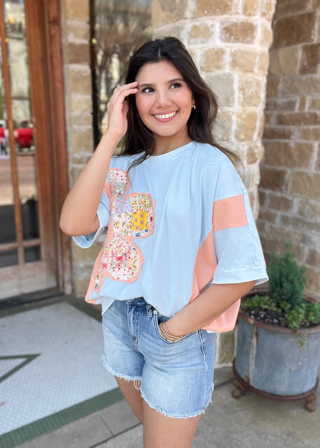 Top | Flower Patch Color Block Mineral Washed Knit Top