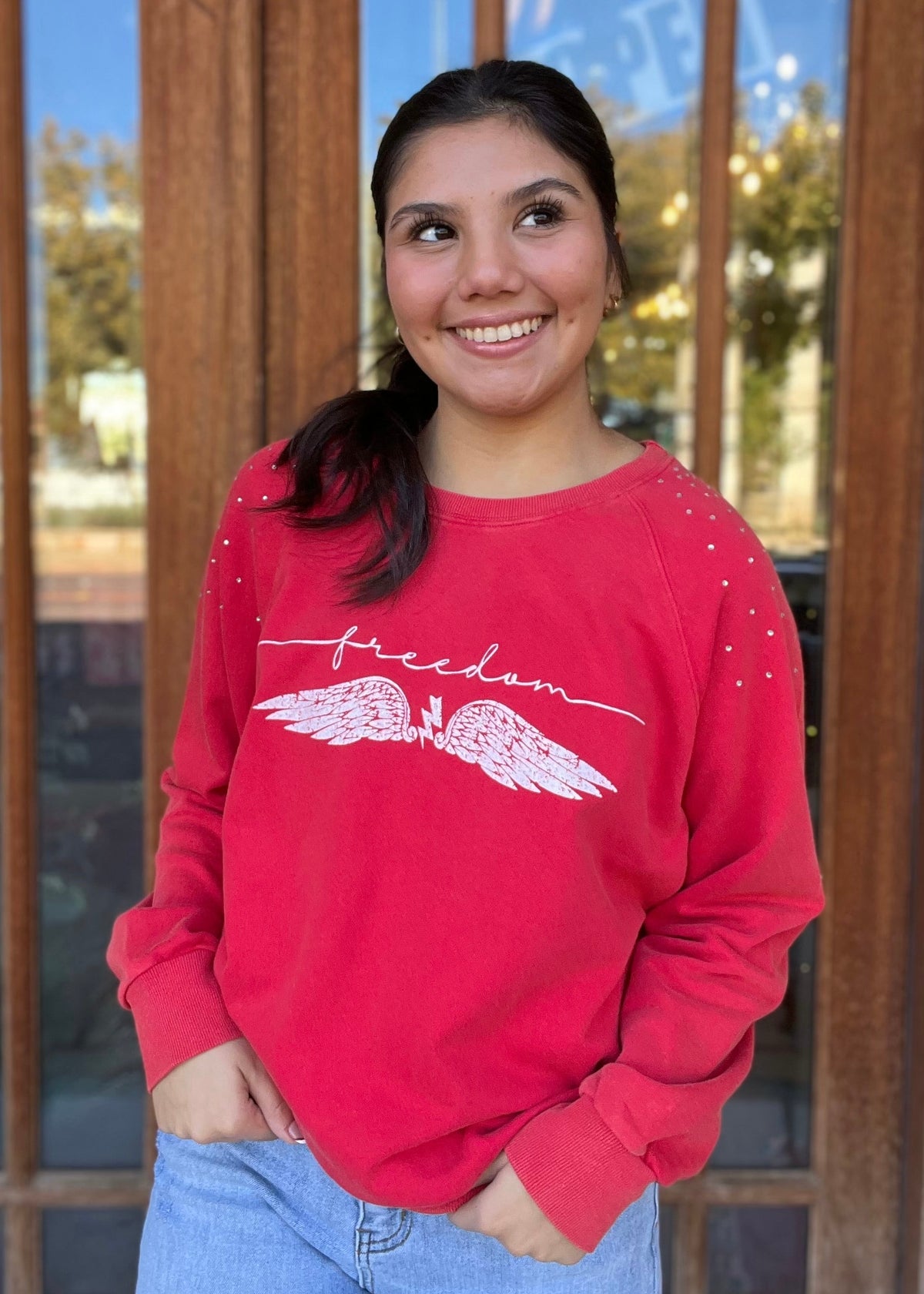 Top | Red Washed Rhinestone Studded Freedom Sweatshirt