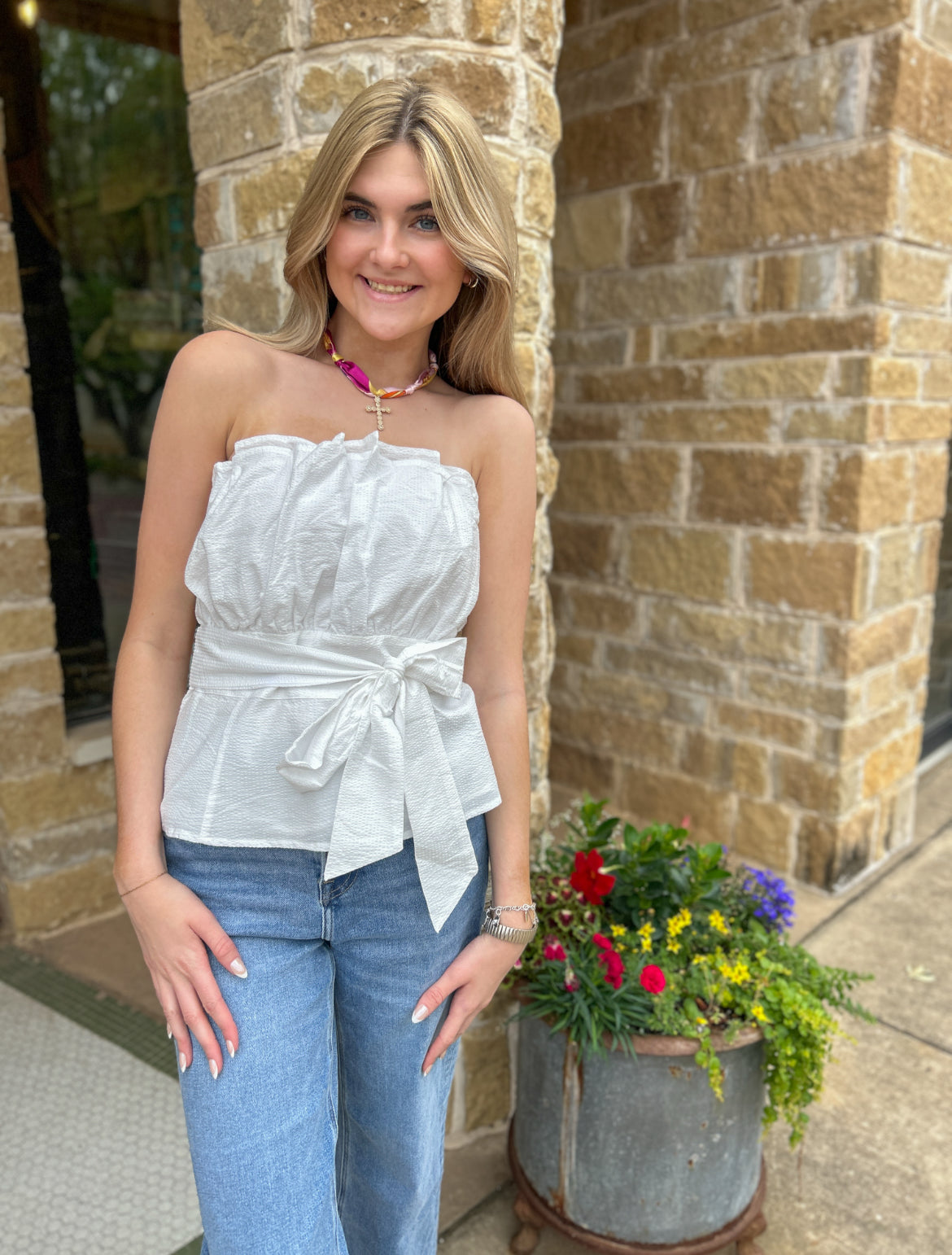 White Strapless Ruffled Tulle Top