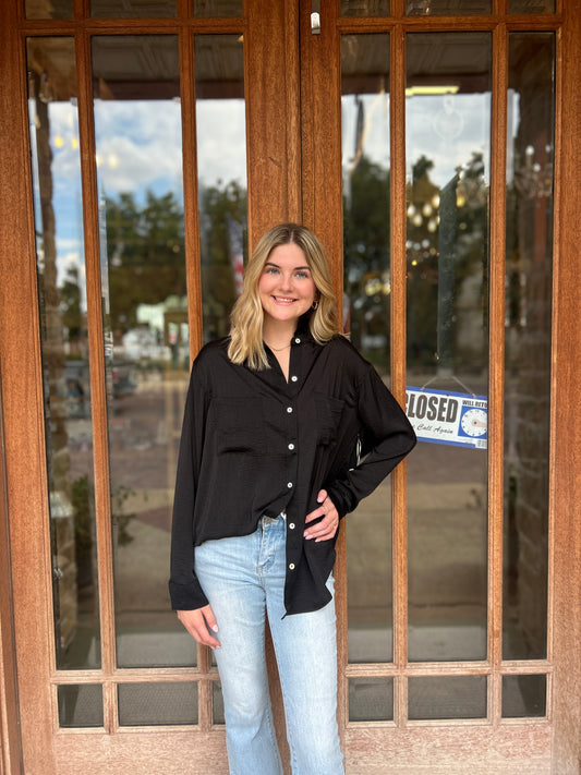 Tops | Blouse Black Silky Button Down Long Sleeve