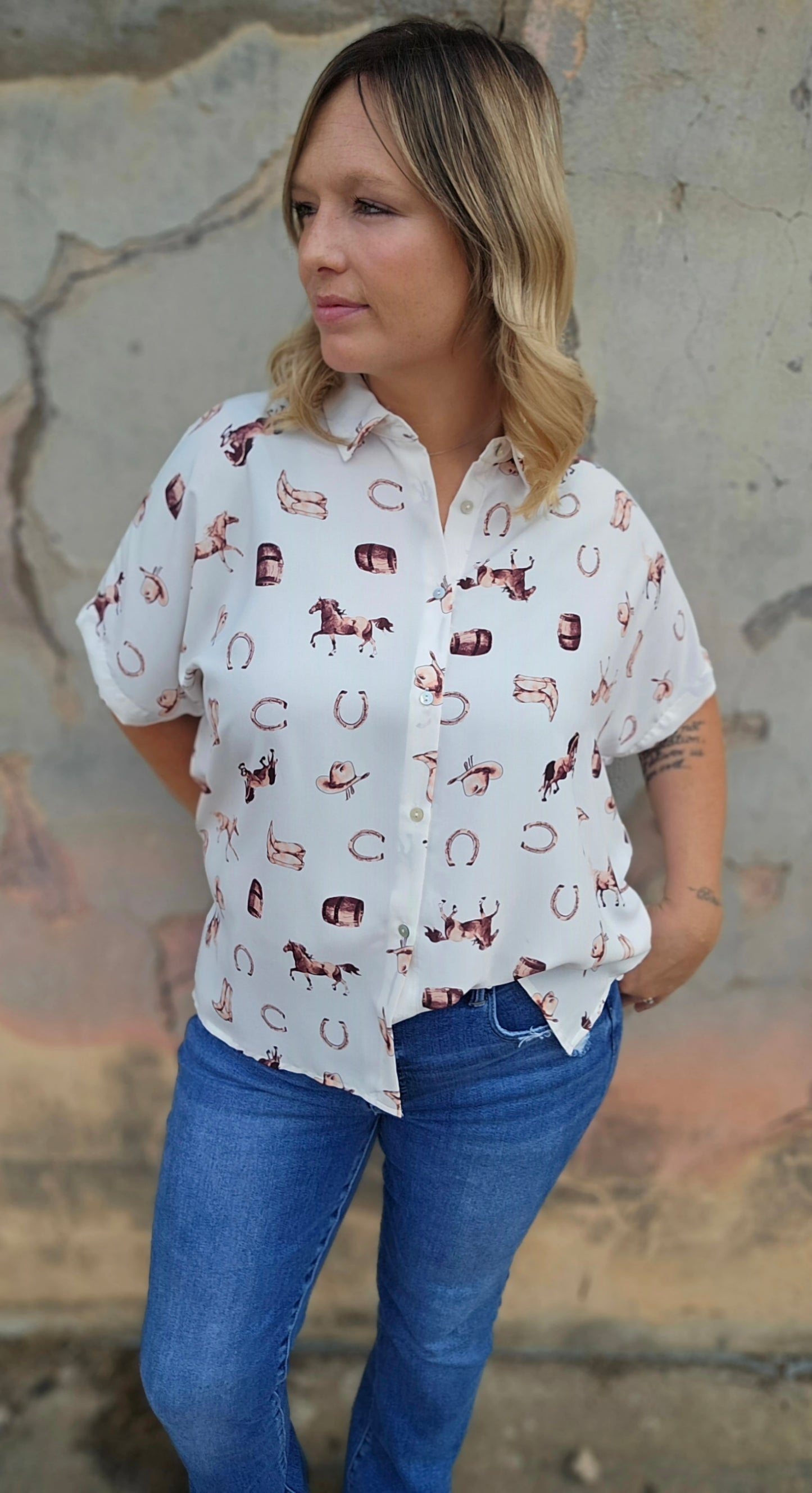 Tops | Western Inspired Collared Button Front