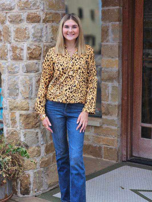 Tops | Blouse Leopard Print Button Up Yellow