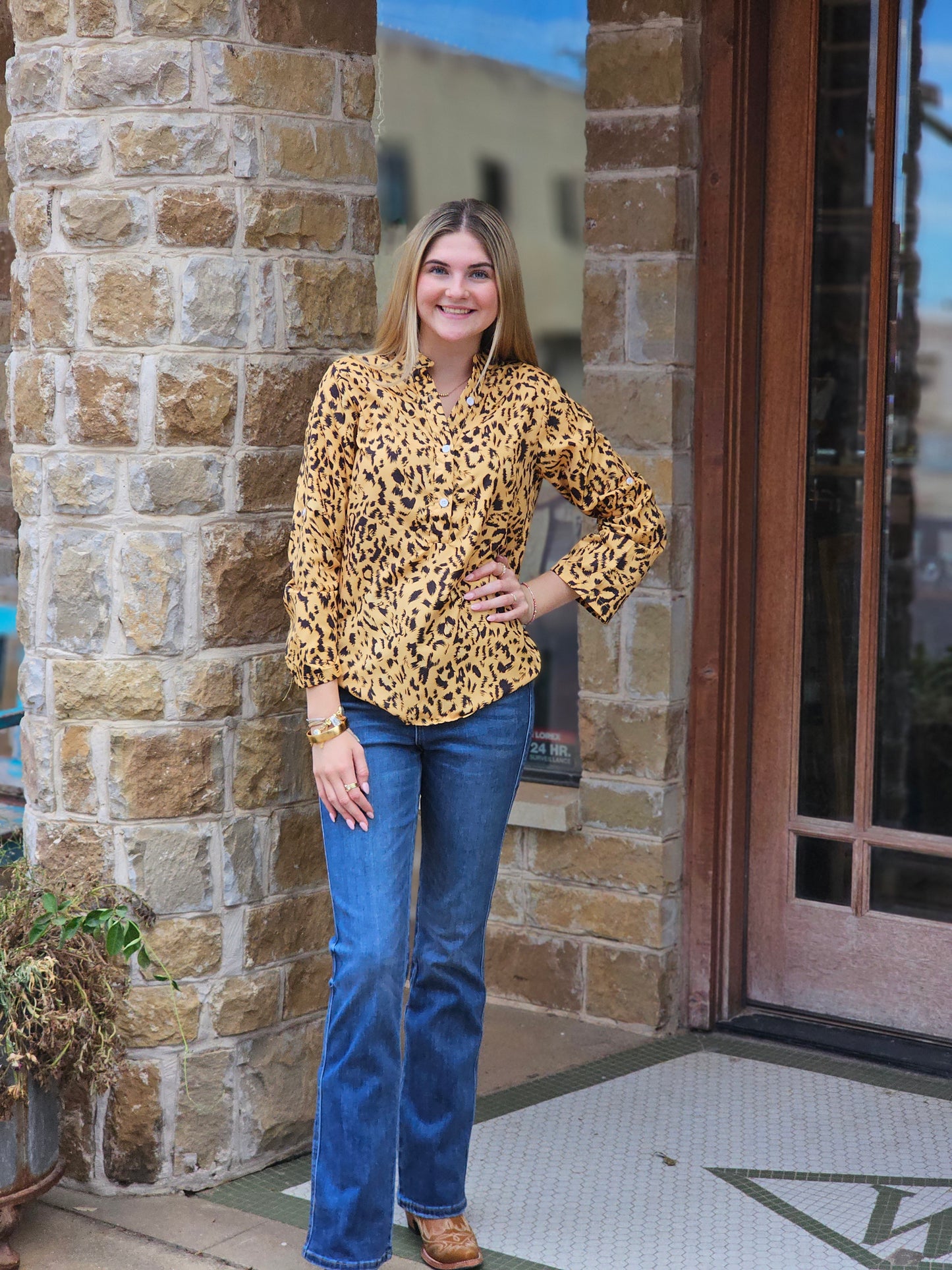 Tops | Blouse Leopard Print Button Up Yellow