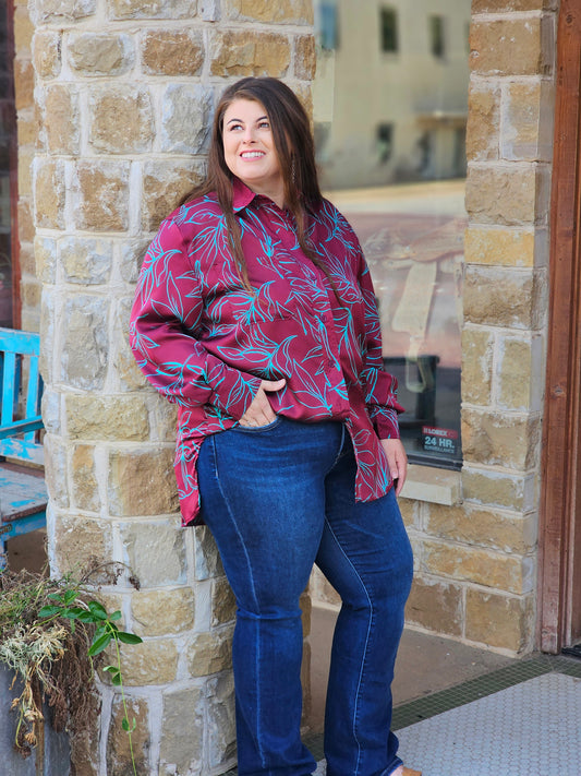Tops | Blouse Satin Oversized Plum Turquoise
