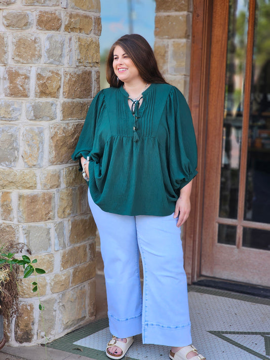 Tops | Plus Size Blouse Hunter Green Flowy Pintuck Tie Front Split Neck