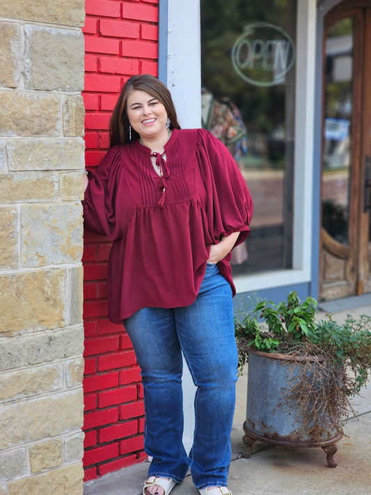 Tops | Plus Size Blouse Burgundy Flowy Pintuck Tie Front Split Neck