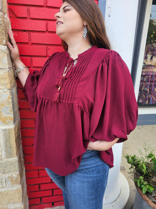 Tops | Plus Size Blouse Burgundy Flowy Pintuck Tie Front Split Neck