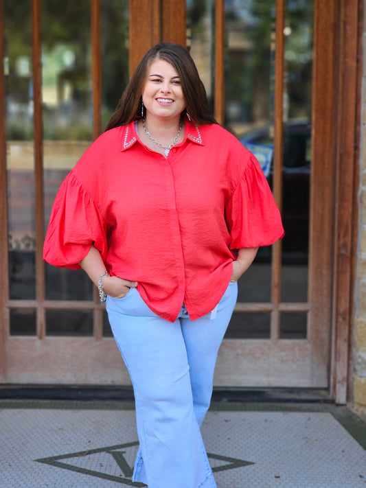 Tops | Plus SIze Blouse Red Relaxed Silhouette Pearl Embellished Short Sleeve
