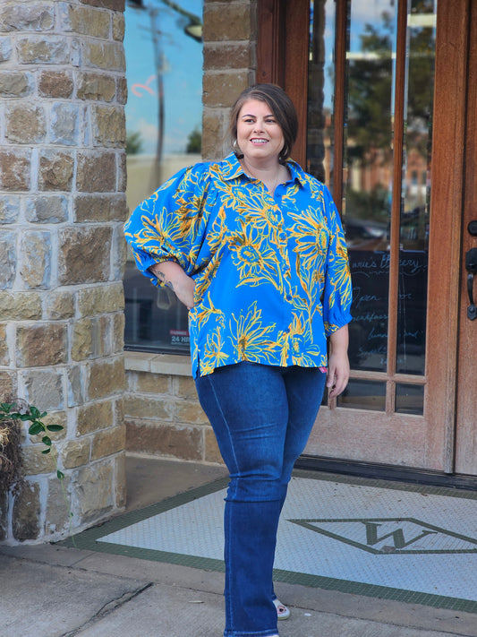 Tops | Plus Size Blouse Bold Floral Printed Puff Sleeve
