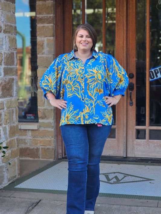 Tops | Plus Size Blouse Bold Floral Printed Puff Sleeve