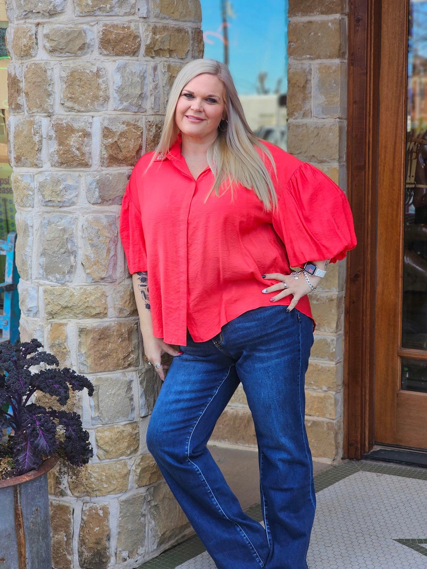 Plus SIze Blouse Red Relaxed Silhouette Pearl Embellished Short Sleeve
