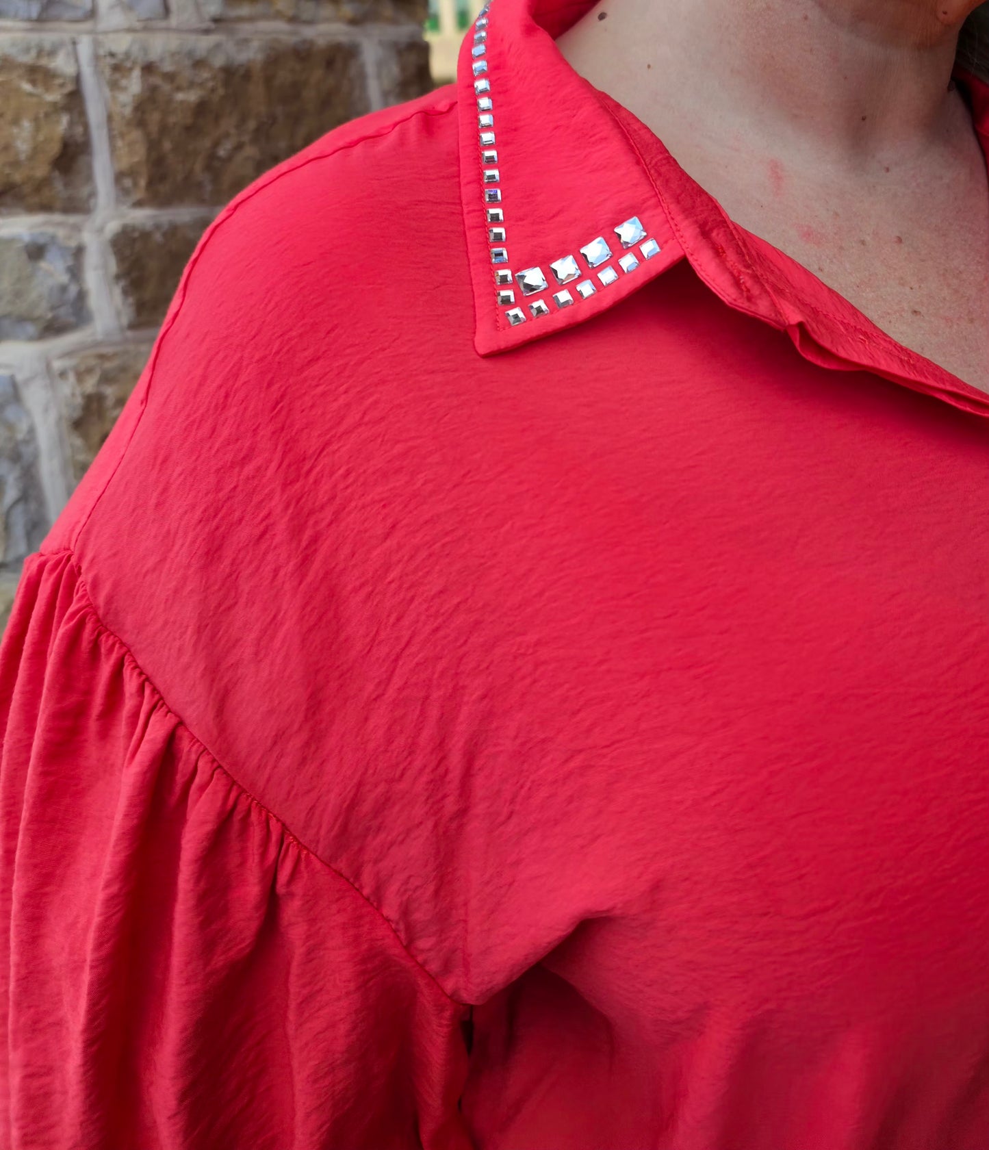 Plus SIze Blouse Red Relaxed Silhouette Pearl Embellished Short Sleeve