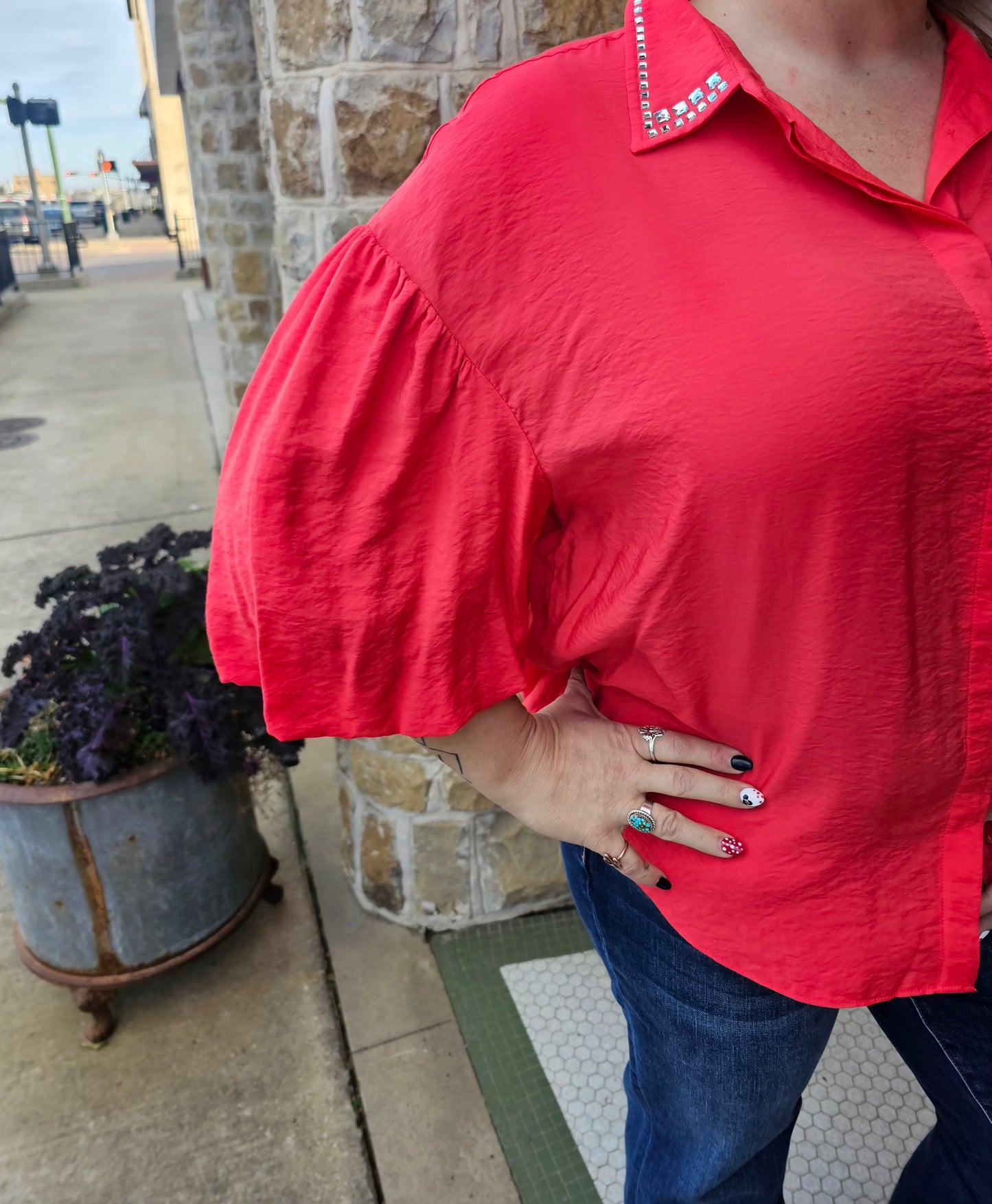 Plus SIze Blouse Red Relaxed Silhouette Pearl Embellished Short Sleeve