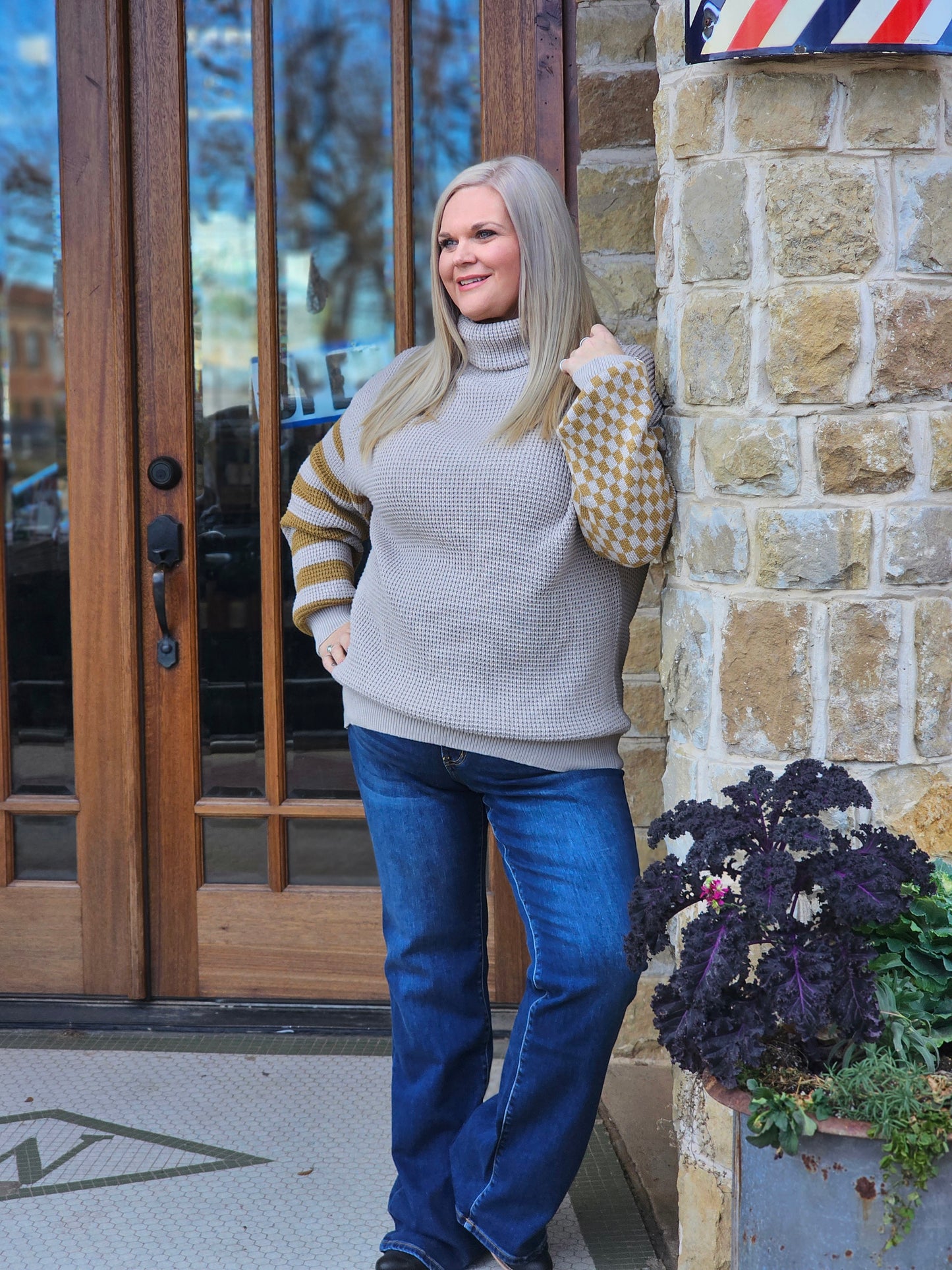 Sweater Khaki Stylish High Neck Color Block