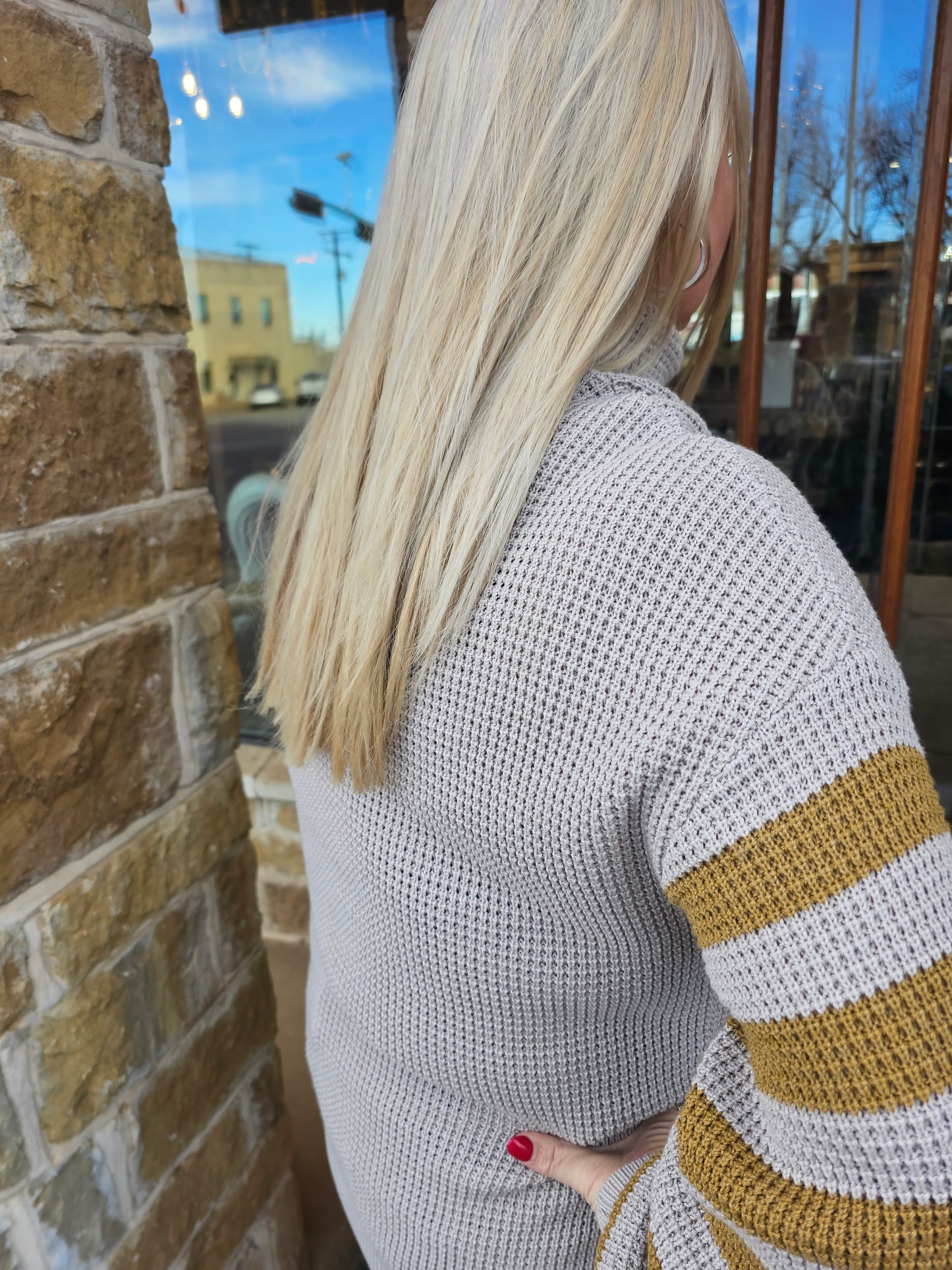 Sweater Khaki Stylish High Neck Color Block