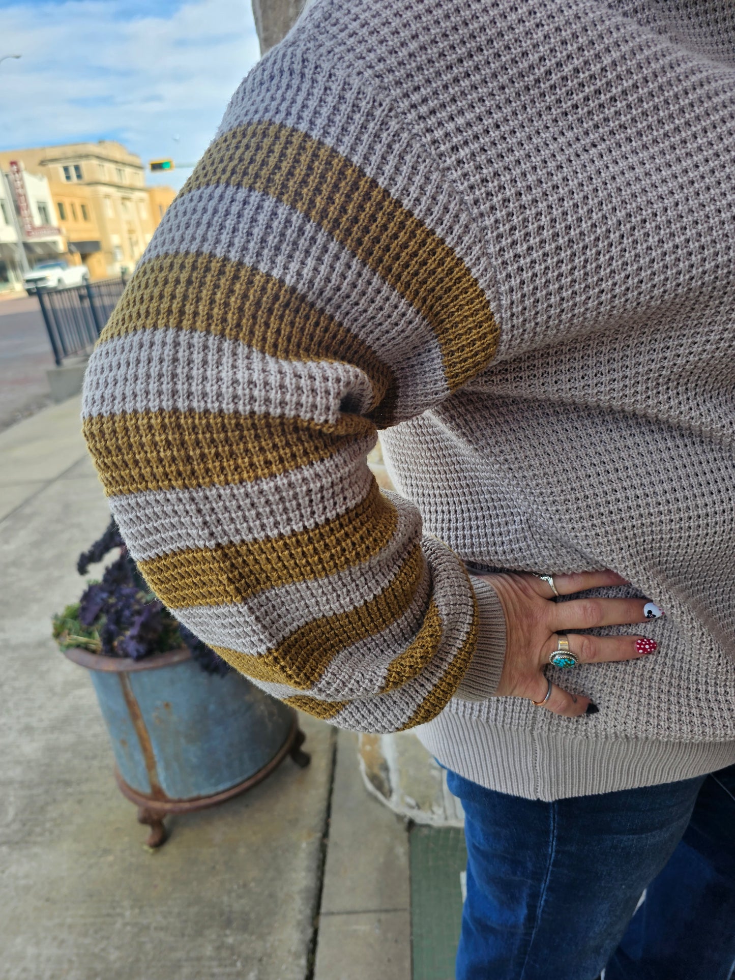 Sweater Khaki Stylish High Neck Color Block