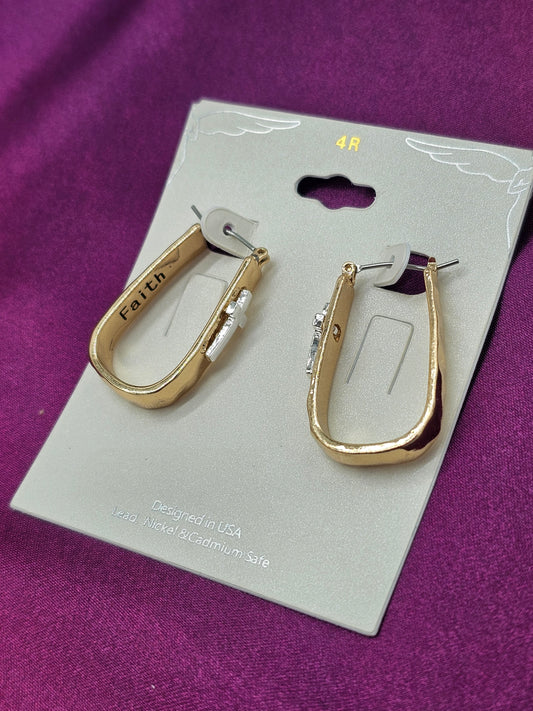 Gold Faith Cross Hoop Earrings