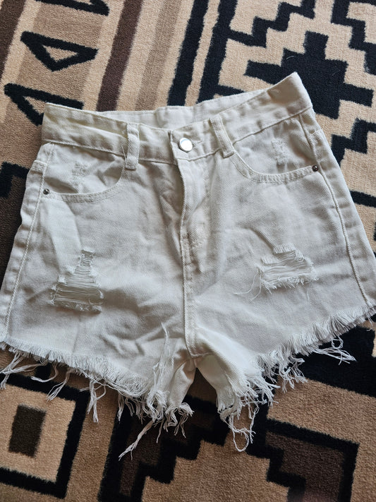 Shorts - White High Waist Ripped Denim