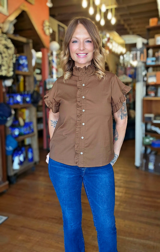Blouse - Jodifl Mocha Ruffle Sleeve Button Up
