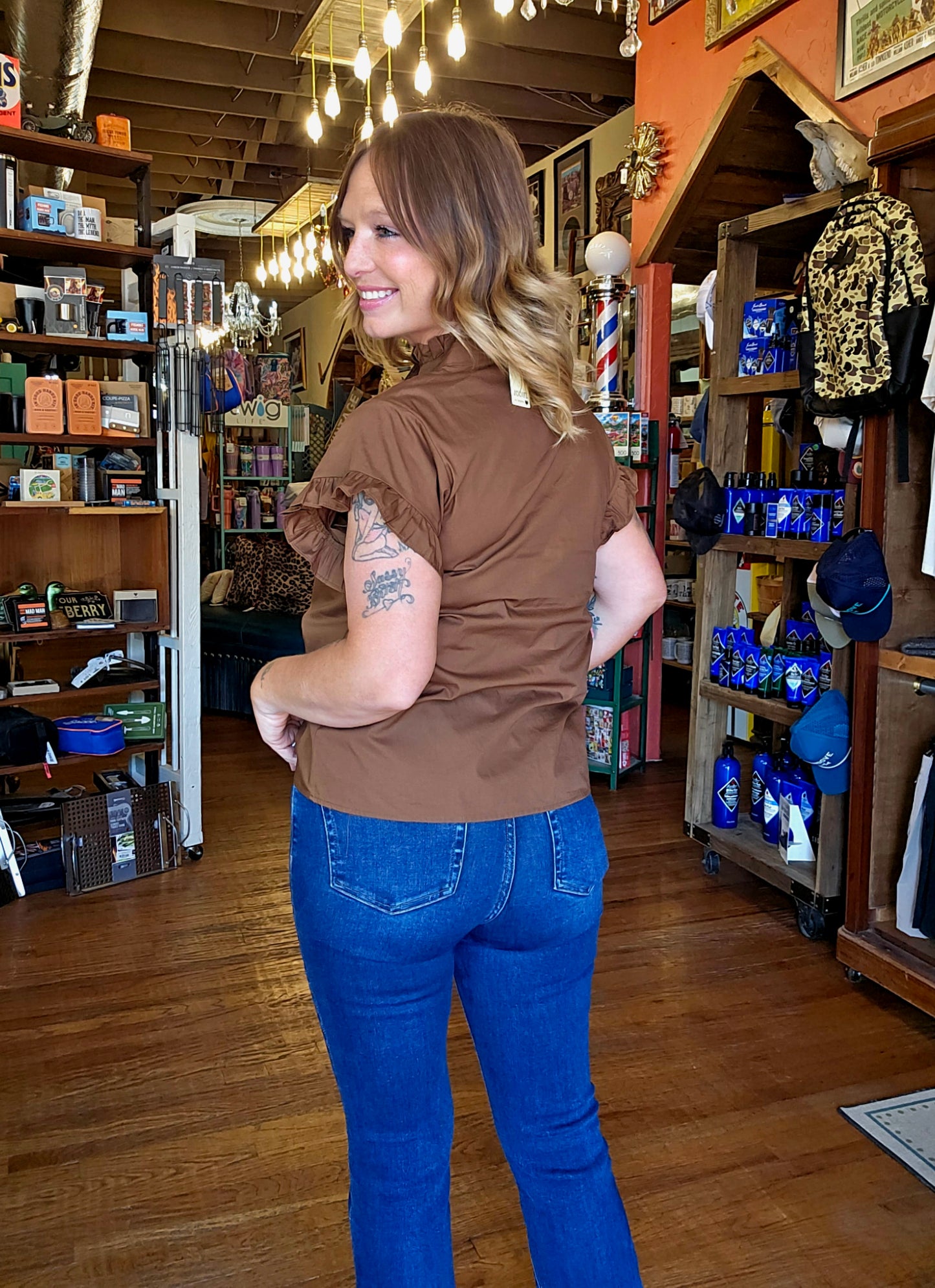 Blouse - Jodifl Mocha Ruffle Sleeve Button Up