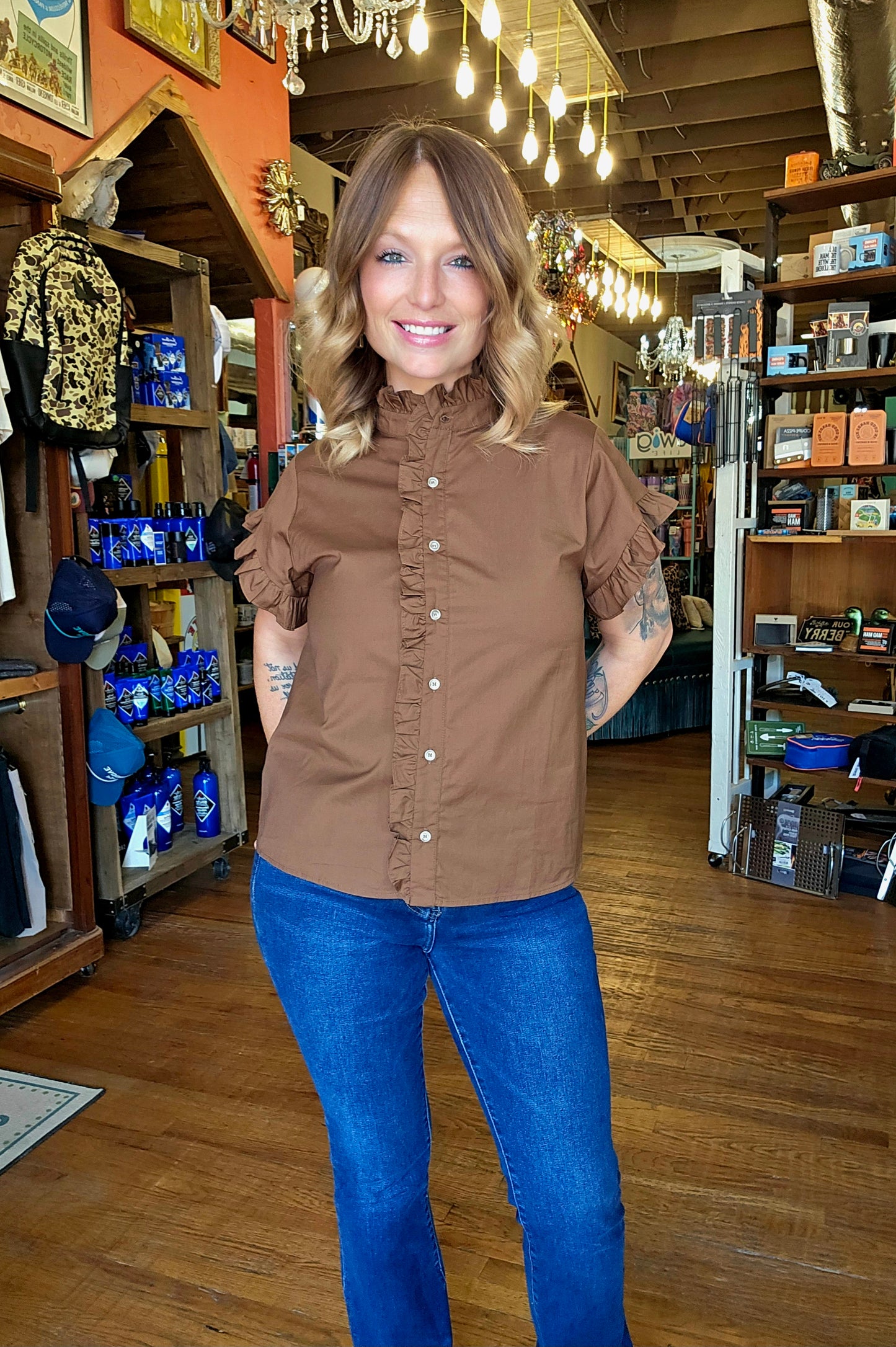Blouse - Jodifl Mocha Ruffle Sleeve Button Up