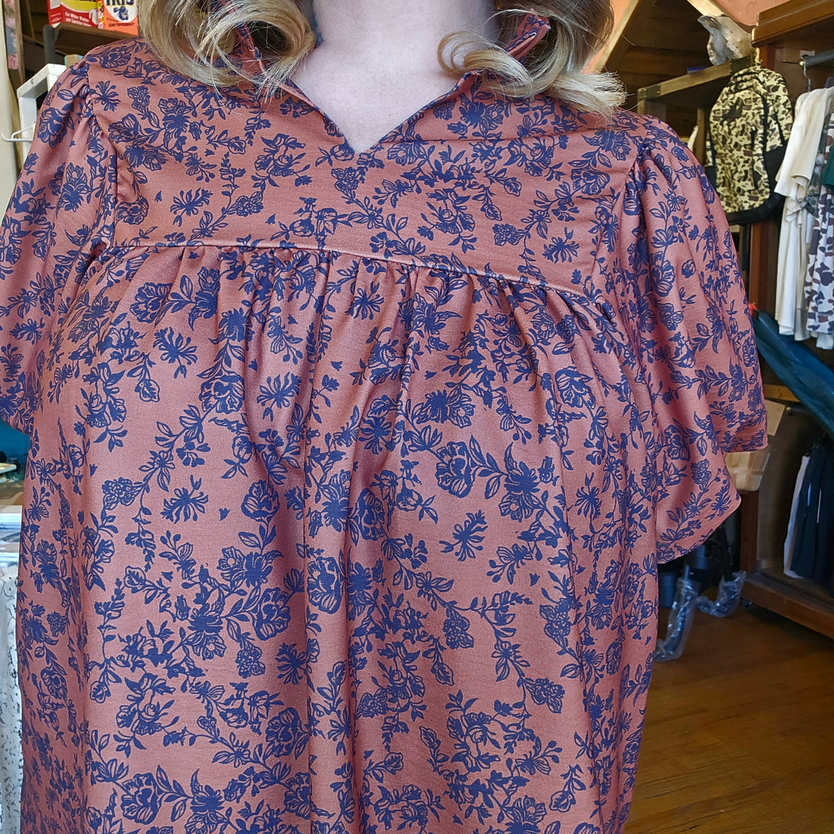 Blouse - Floral Ruffle Notch Neck