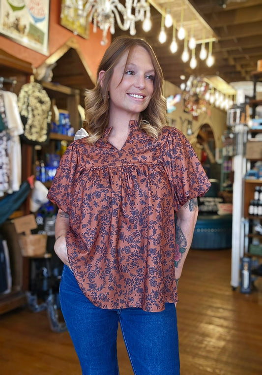 Blouse - Floral Ruffle Notch Neck