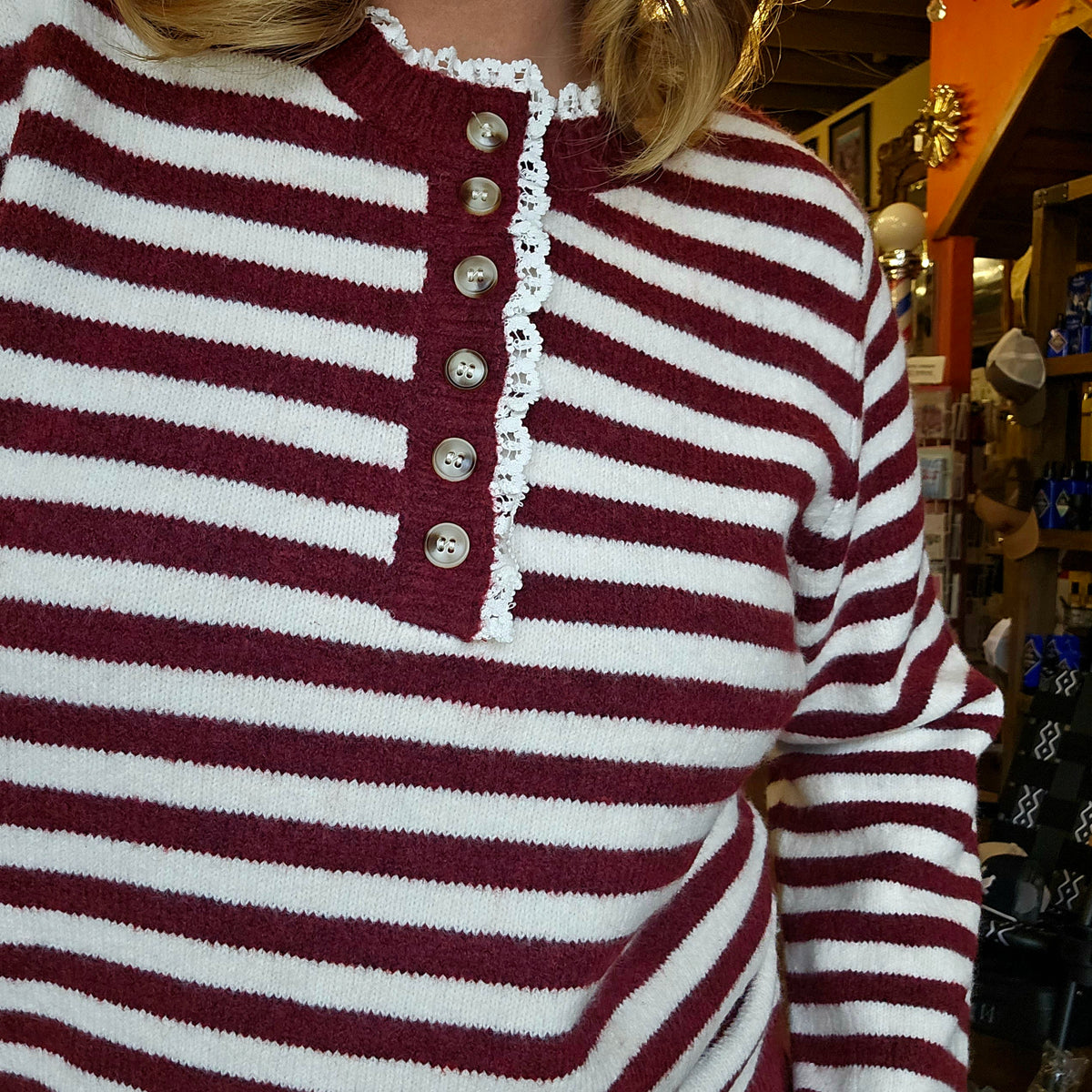 Sweater - Stripe Henley Knit Burgundy